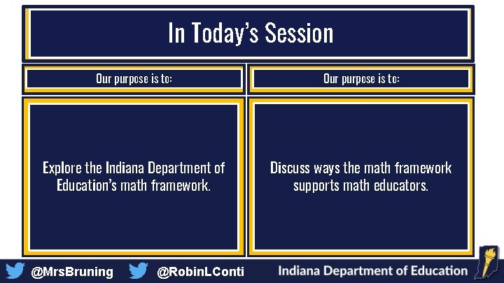 In Today’s Session Our purpose is to: Explore the Indiana Department of Education’s math In Today’s Session Our purpose is to: Explore the Indiana Department of Education’s math