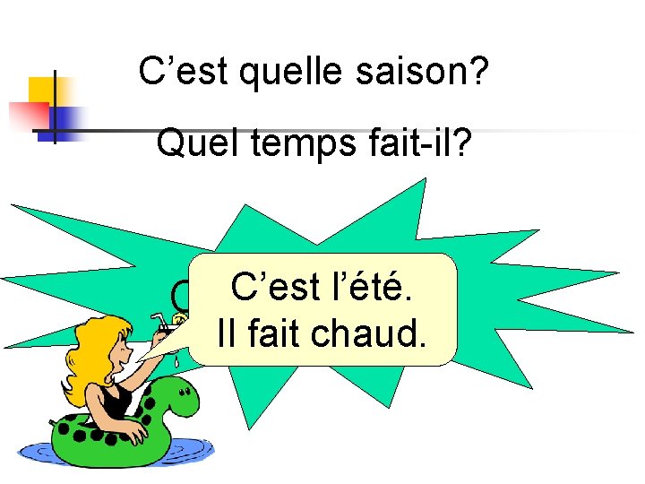 C’est quelle saison? Quel temps fait-il? C’est l’été. C’est le 5 août. Il fait C’est quelle saison? Quel temps fait-il? C’est l’été. C’est le 5 août. Il fait