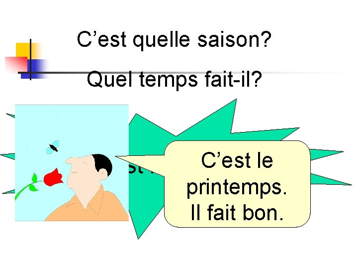C’est quelle saison? Quel temps fait-il? C’est le 15 C’est avril. le printemps. Il C’est quelle saison? Quel temps fait-il? C’est le 15 C’est avril. le printemps. Il