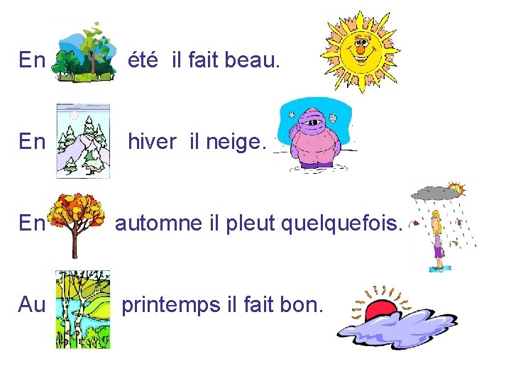 En été il fait beau. En hiver il neige. En automne il pleut quelquefois. En été il fait beau. En hiver il neige. En automne il pleut quelquefois.