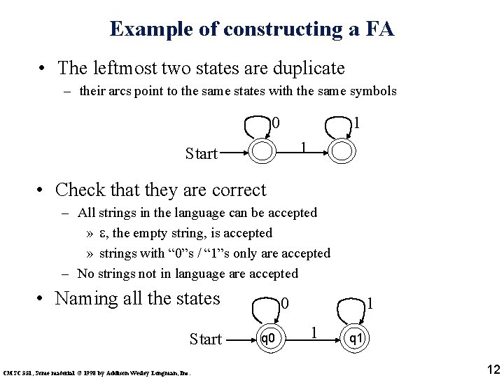 Example of constructing a FA • The leftmost two states are duplicate – their