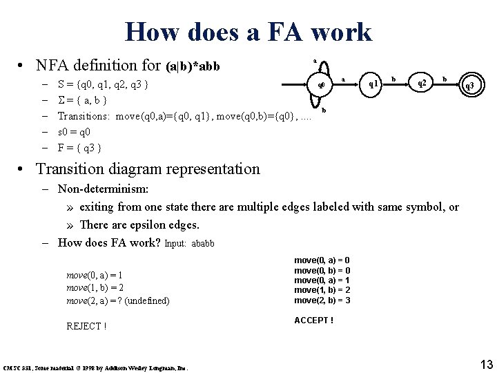 How does a FA work • NFA definition for (a|b)*abb – – – a