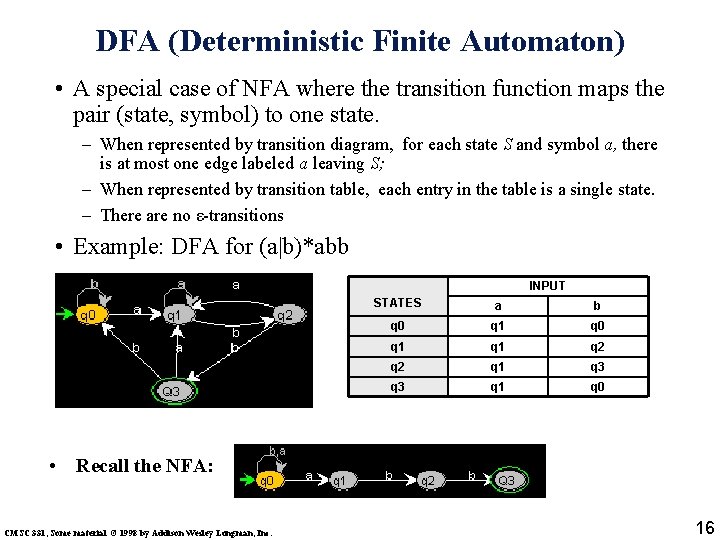 DFA (Deterministic Finite Automaton) • A special case of NFA where the transition function