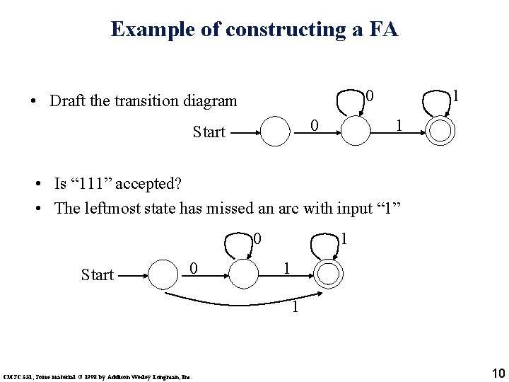 Example of constructing a FA 0 • Draft the transition diagram 0 Start 1