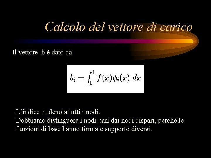 Calcolo del vettore di carico Il vettore b è dato da L’indice i denota