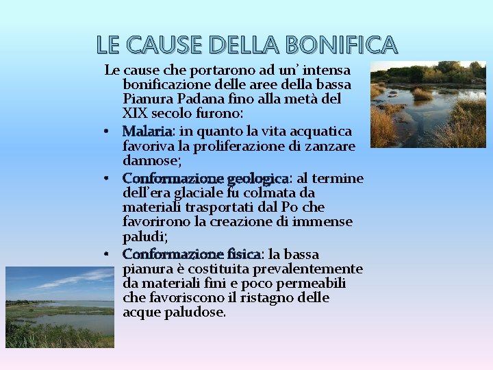 LE CAUSE DELLA BONIFICA Le cause che portarono ad un’ intensa bonificazione delle aree