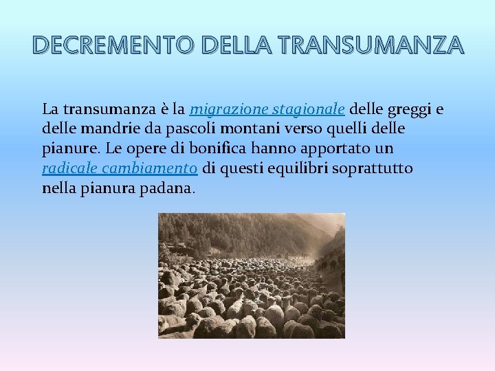 DECREMENTO DELLA TRANSUMANZA La transumanza è la migrazione stagionale delle greggi e delle mandrie