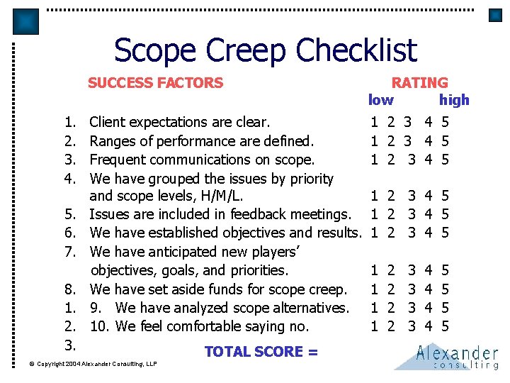 Scope Creep Checklist 1. 2. 3. 4. 5. 6. 7. 8. 1. 2. 3.