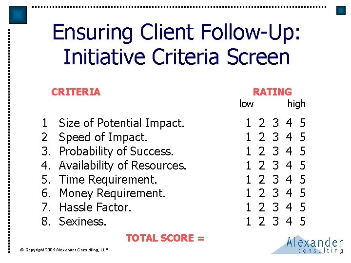 Ensuring Client Follow-Up: Initiative Criteria Screen CRITERIA 1 2 3. 4. 5. 6. 7.