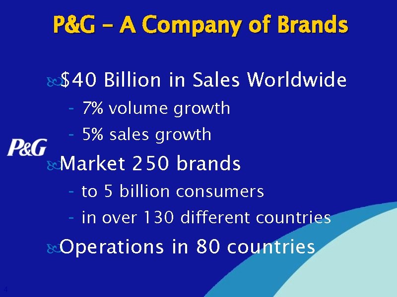 P&G – A Company of Brands $40 Billion in Sales Worldwide - 7% volume