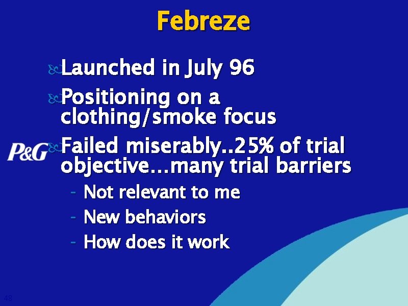 Febreze Launched in July 96 Positioning on a clothing/smoke focus Failed miserably. . 25%
