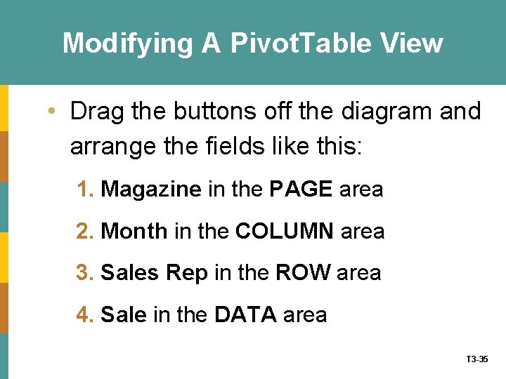 Modifying A Pivot. Table View • Drag the buttons off the diagram and arrange