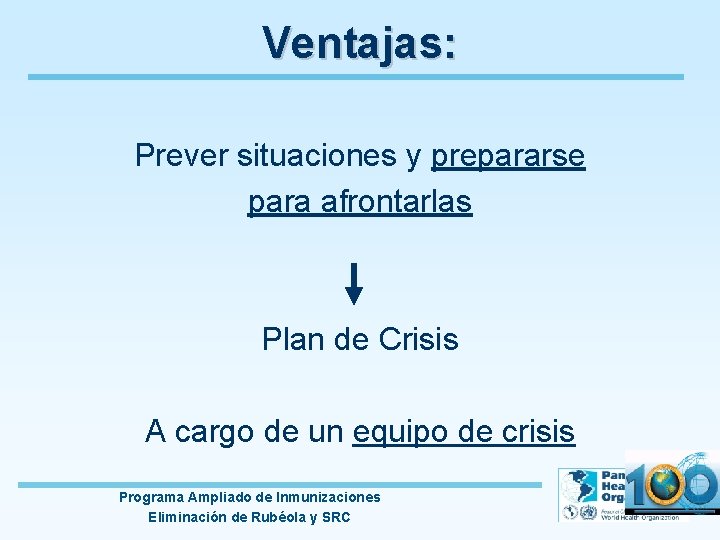 Ventajas: Prever situaciones y prepararse para afrontarlas Plan de Crisis A cargo de un