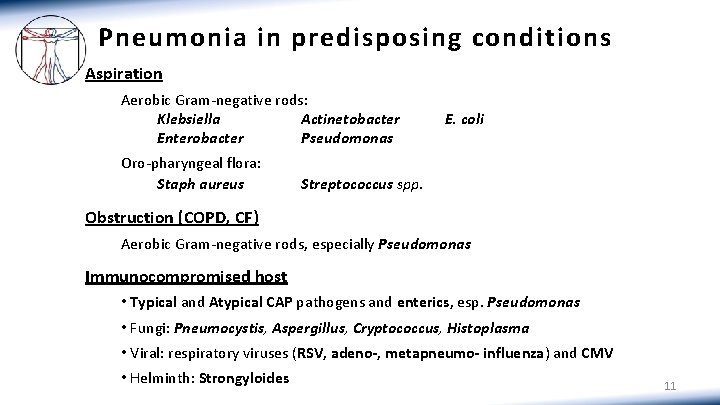 Pneumonia in predisposing conditions Aspiration Aerobic Gram-negative rods: Klebsiella Actinetobacter Enterobacter Pseudomonas Oro-pharyngeal flora:
