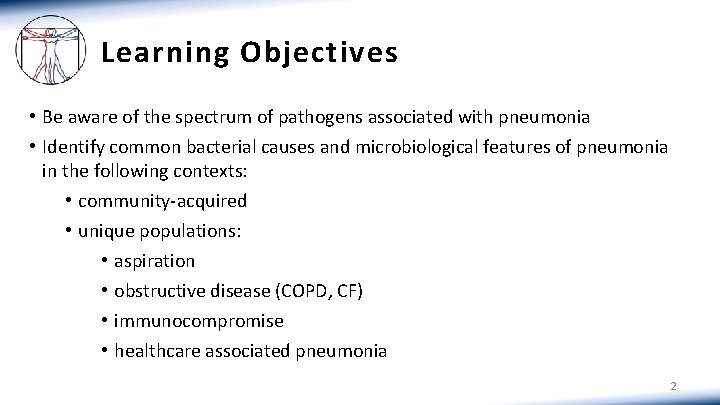 Learning Objectives • Be aware of the spectrum of pathogens associated with pneumonia •