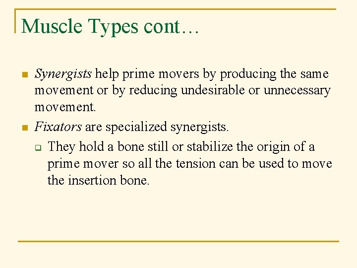Muscle Types cont… n n Synergists help prime movers by producing the same movement