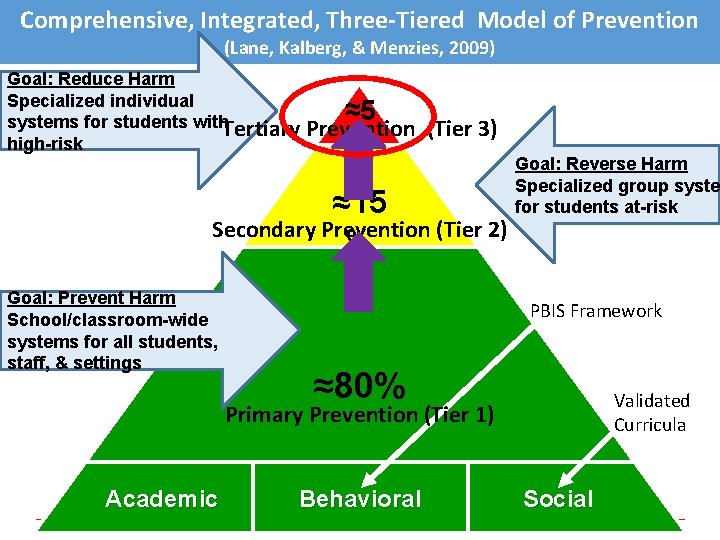 Comprehensive, Integrated, Three-Tiered Model of Prevention (Lane, Kalberg, & Menzies, 2009) Goal: Reduce Harm