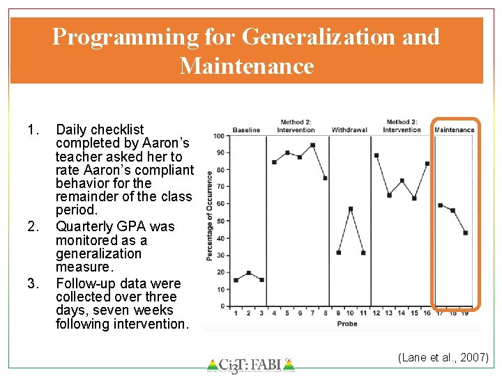 Programming for Generalization and Maintenance 1. 2. 3. Daily checklist completed by Aaron’s teacher