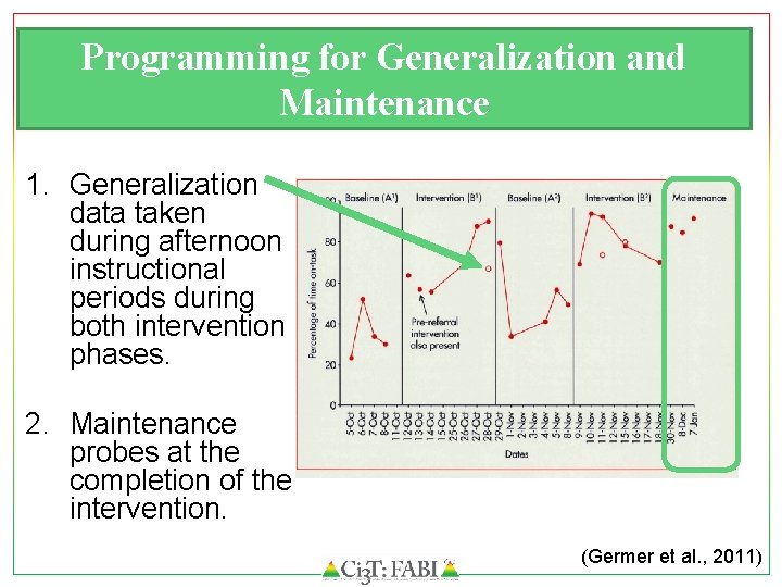 Programming for Generalization and Maintenance 1. Generalization data taken during afternoon instructional periods during