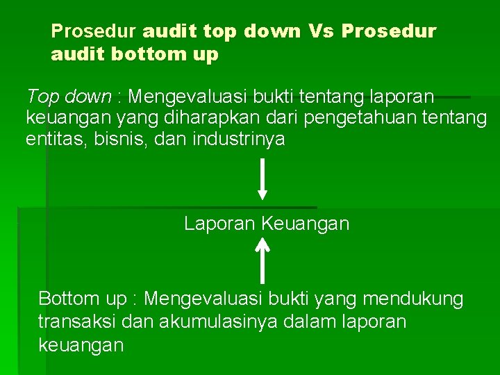 Prosedur audit top down Vs Prosedur audit bottom up Top down : Mengevaluasi bukti