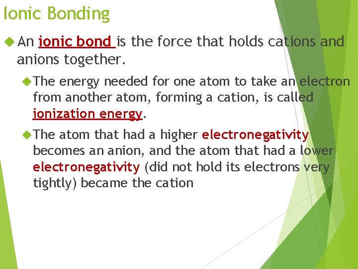 Ionic Bonding An ionic bond is the force that holds cations and anions together.