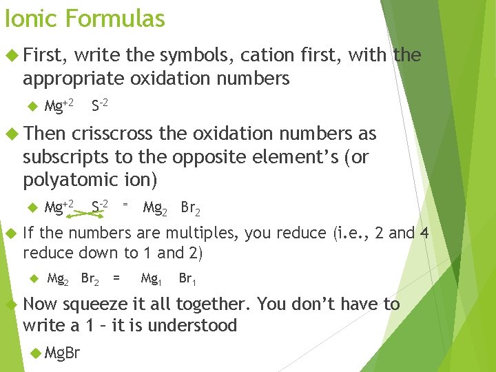 Ionic Formulas First, write the symbols, cation first, with the appropriate oxidation numbers Mg+2