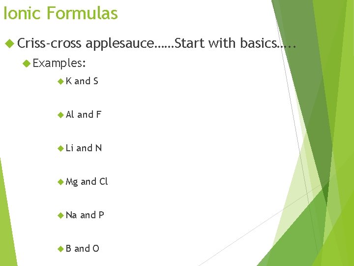 Ionic Formulas Criss-cross applesauce……Start with basics…. . Examples: K and S Al and F