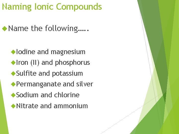Naming Ionic Compounds Name the following…. . Iodine Iron and magnesium (II) and phosphorus