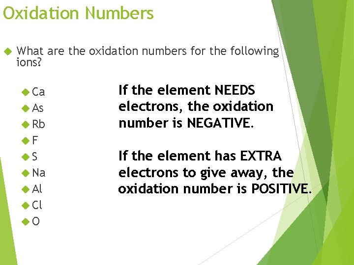 Oxidation Numbers What are the oxidation numbers for the following ions? Ca As Rb