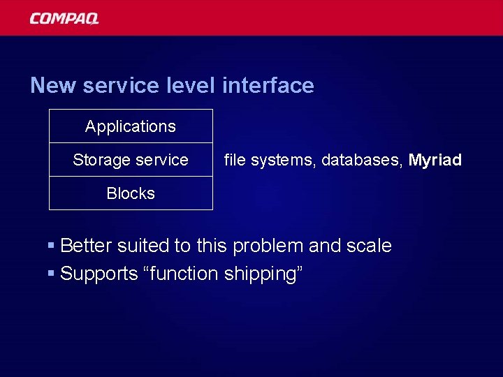 New service level interface Applications Storage service file systems, databases, Myriad Blocks § Better