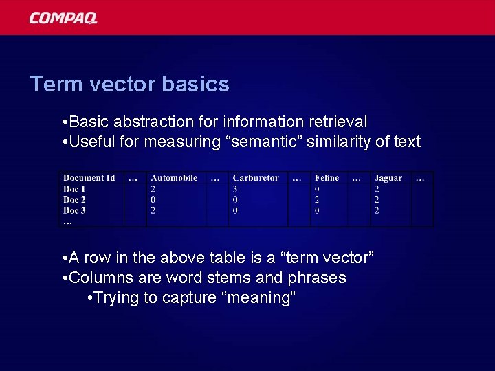 Term vector basics • Basic abstraction for information retrieval • Useful for measuring “semantic”