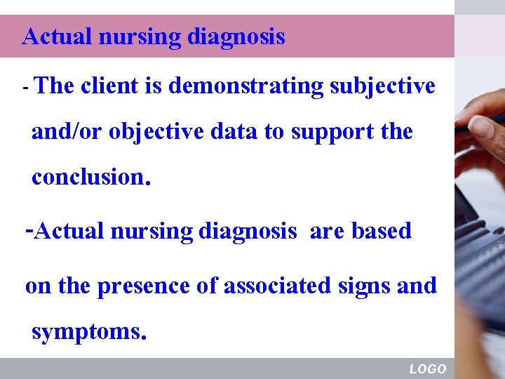 Actual nursing diagnosis - The client is demonstrating subjective and/or objective data to support
