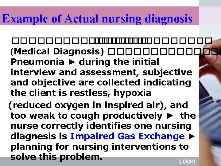 Example of Actual nursing diagnosis �������� (Medical Diagnosis) ������� Pneumonia ► during the initial
