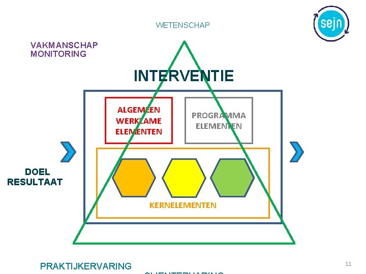 WETENSCHAP VAKMANSCHAP MONITORING INTERVENTIE ALGEMEEN WERKZAME ELEMENTEN PROGRAMMA ELEMENTEN DOEL RESULTAAT KERNELEMENTEN PRAKTIJKERVARING 11