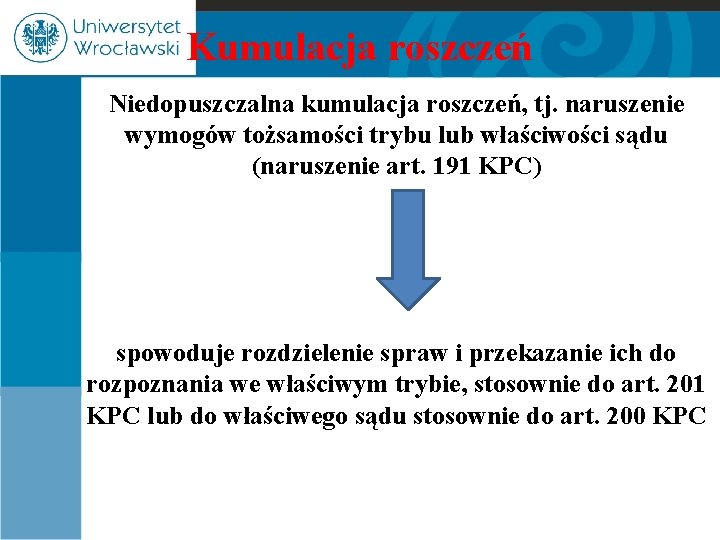 Kumulacja roszczeń Niedopuszczalna kumulacja roszczeń, tj. naruszenie wymogów tożsamości trybu lub właściwości sądu (naruszenie