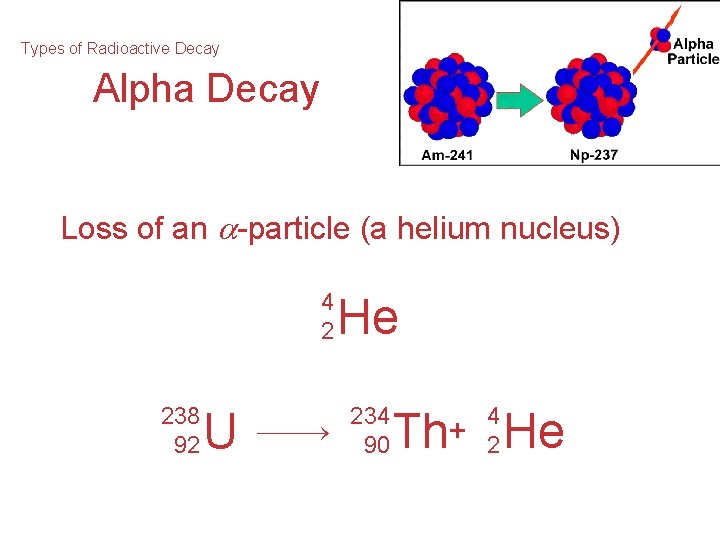 Types of Radioactive Decay Alpha Decay Loss of an -particle (a helium nucleus) 4