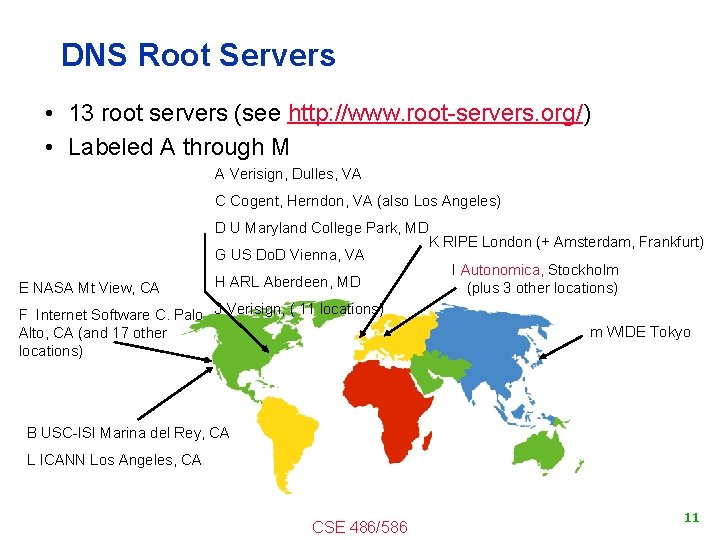 DNS Root Servers • 13 root servers (see http: //www. root-servers. org/) • Labeled