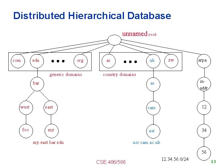 Distributed Hierarchical Database unnamed root com edu org generic domains uk ac zw arpa