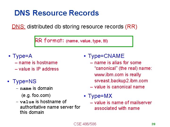 DNS Resource Records DNS: distributed db storing resource records (RR) RR format: • Type=A