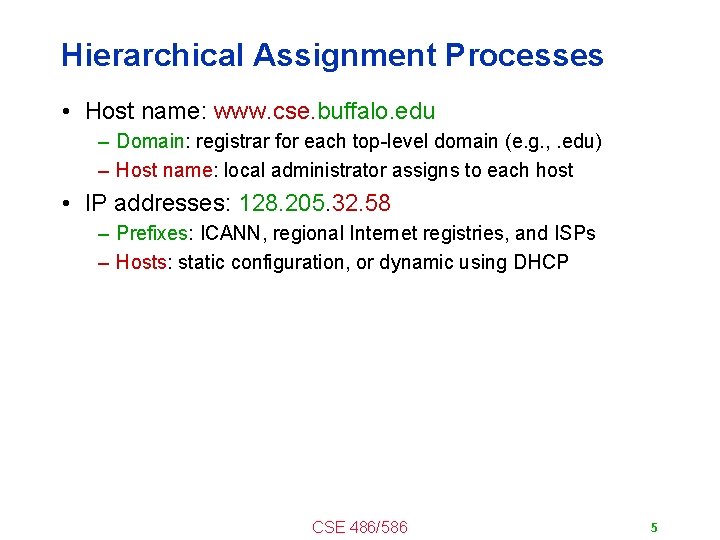 Hierarchical Assignment Processes • Host name: www. cse. buffalo. edu – Domain: registrar for