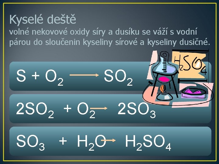 Kyselé deště volné nekovové oxidy síry a dusíku se váží s vodní párou do