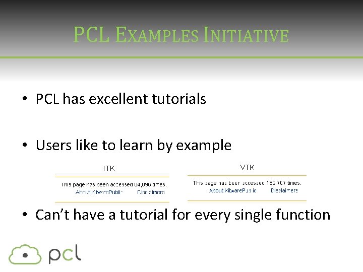 PCL EXAMPLES INITIATIVE • PCL has excellent tutorials • Users like to learn by PCL EXAMPLES INITIATIVE • PCL has excellent tutorials • Users like to learn by