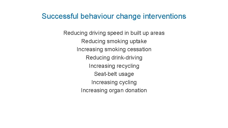 Successful behaviour change interventions Reducing driving speed in built up areas Reducing smoking uptake