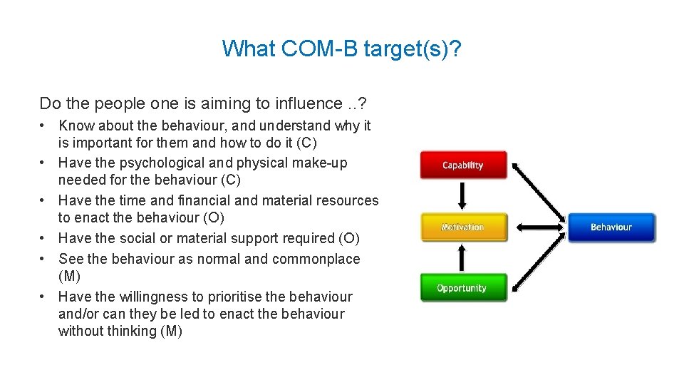 What COM-B target(s)? Do the people one is aiming to influence. . ? •