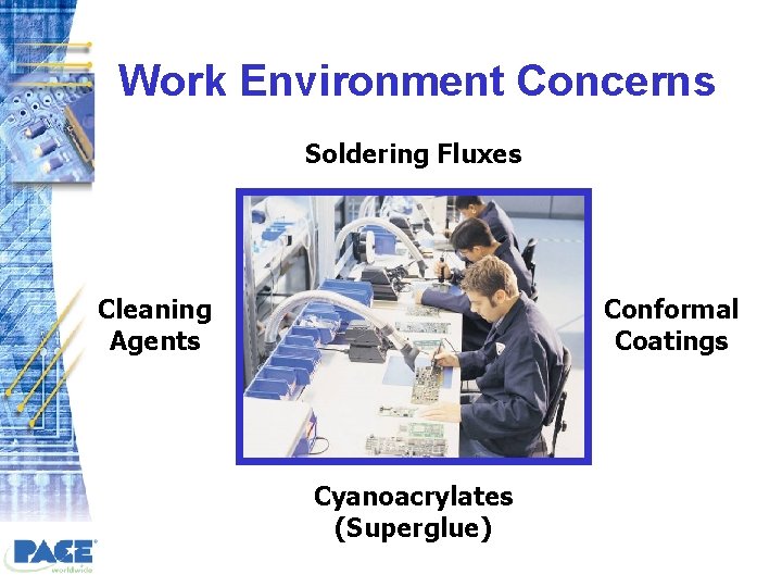 Work Environment Concerns Soldering Fluxes Cleaning Agents Conformal Coatings Cyanoacrylates (Superglue) 