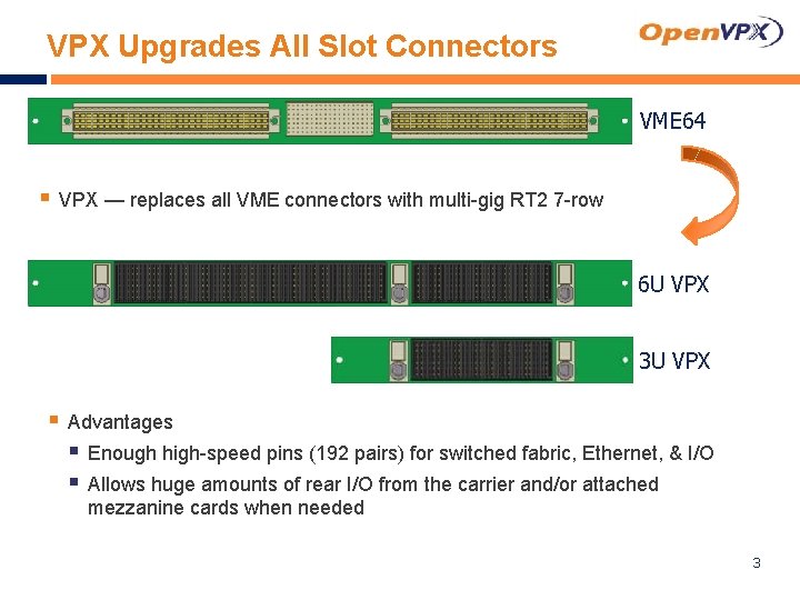 VPX Upgrades All Slot Connectors VME 64 § VPX — replaces all VME connectors