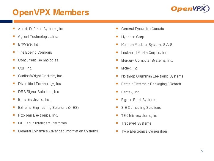 Open. VPX Members § Aitech Defense Systems, Inc. § General Dynamics Canada § Agilent