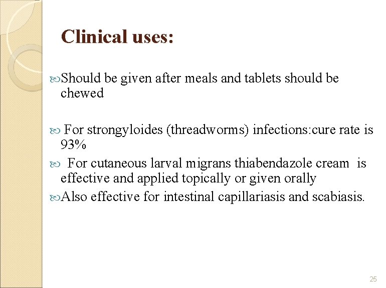 Clinical uses: Should chewed be given after meals and tablets should be For strongyloides