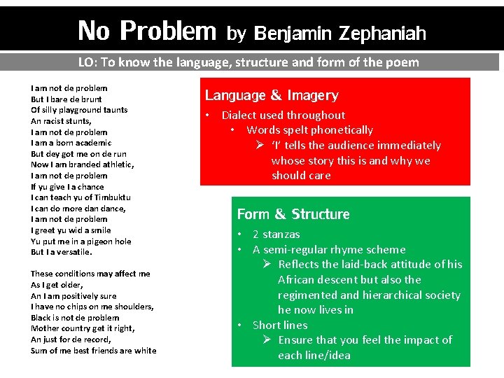 No Problem by Benjamin Zephaniah LO: To know the language, structure and form of