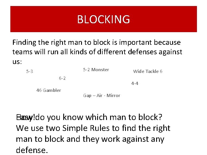 BLOCKING Finding the right man to block is important because teams will run all